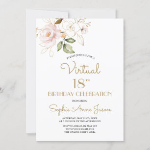 Invitation Pink Blush Gold Floral Virtual 18e fête d'annivers