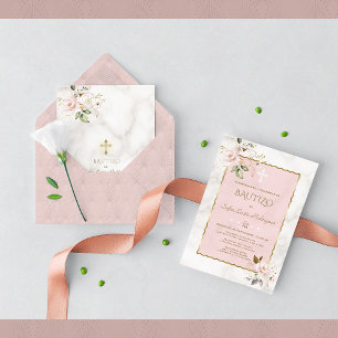 Invitation Pink Blush Gold Invitacion De Bautizo Con Flores