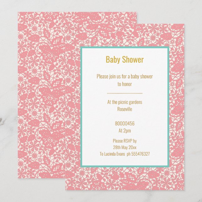 INVITATION PINK BLUSH LACE BLEU FRONTIÈRE BABY SHOWER (Devant / Derrière)