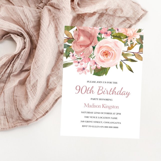 Invitation Pink Blush Rose Gold 90th Birthday Party Invitatio (Créateur téléchargé)