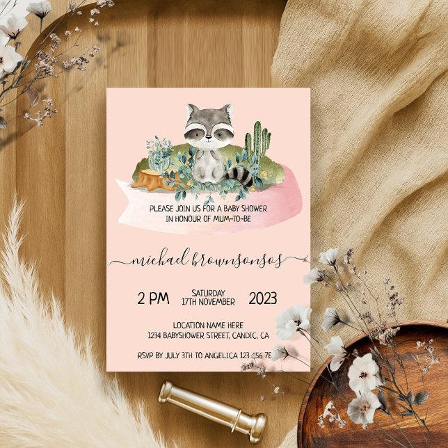 Invitation Pink Boho Animal Raccoon Baby shower tropical (Créateur téléchargé)