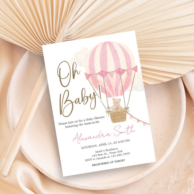 Invitation Pink Boho Bear Baby Shower  (Oh Baby Bear Baby Shower Invitation)