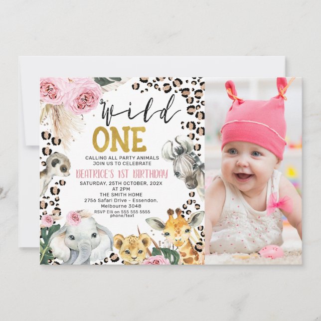 Invitation Pink Boho Floral Safari Wild Un 1er anniversaire (Devant)