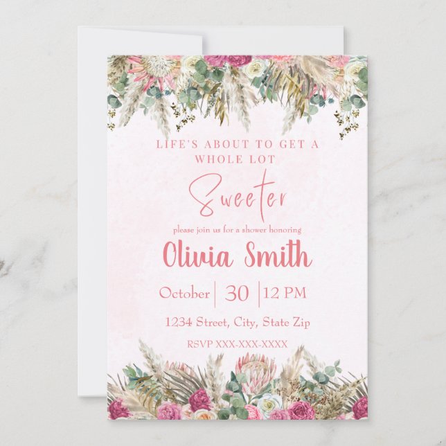 Invitation Pink Boho Pampas Grass Floral Bridal Shower (Devant)