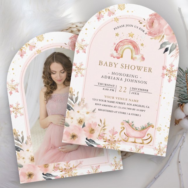 Invitation Pink Boho Rainbow Winter Photo Baby shower (Créateur téléchargé)