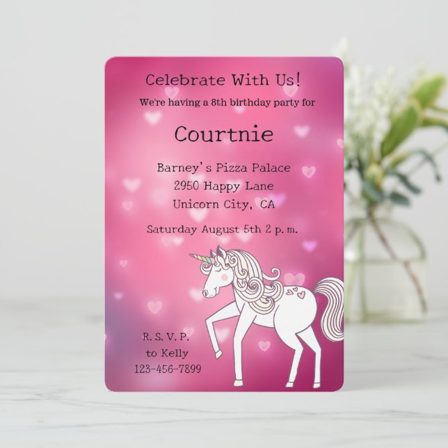 Invitation Pink Bokeh Hearts Unicorn Anniversaire (Debout devant)