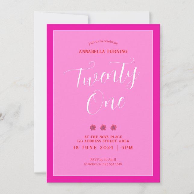 Invitation Pink Bold moderne 21e anniversaire (Devant)