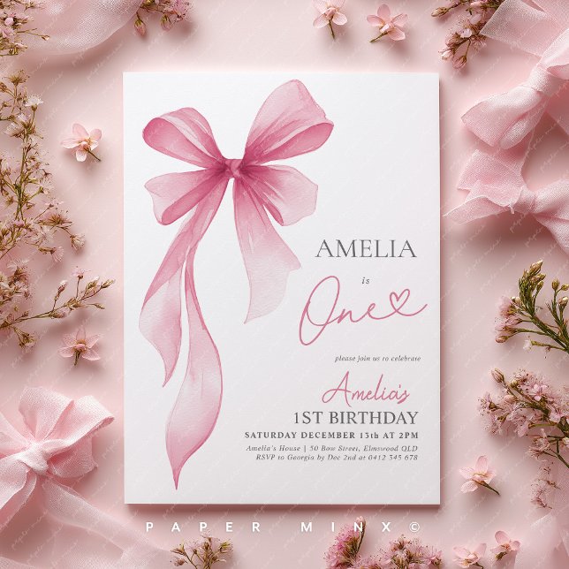 Invitation Pink Bow 1st Birthday Girl Coquette  (1st Birthday invite | Girls pink bow invitation)