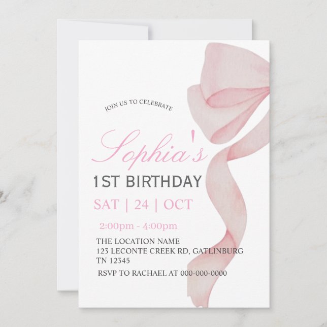 Invitation Pink Bow 1st Birthday Girl F (Devant)