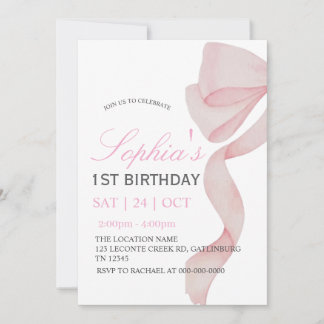 Invitation Pink Bow 1st Birthday Girl F Einladung