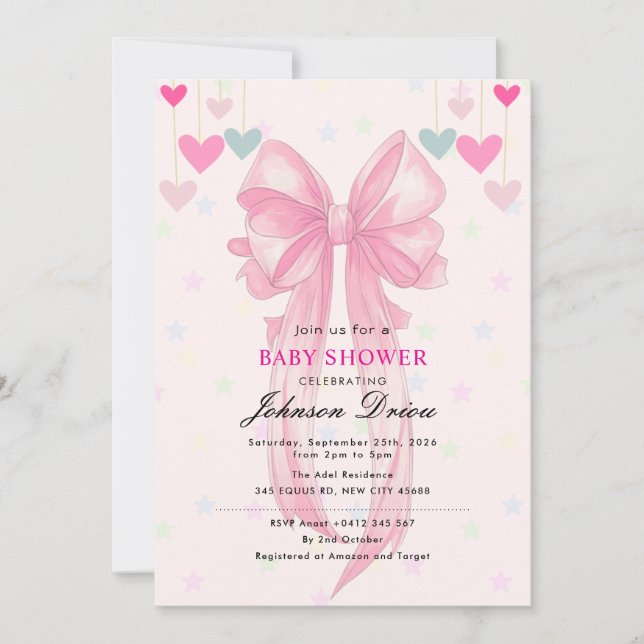 Invitation Pink Bow Baby Shower | Elegant Watercolr (Devant)