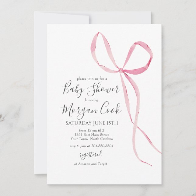 Invitation Pink bow baby shower invitation, bébé fille douche (Devant)