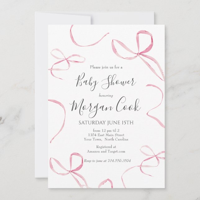 Invitation Pink bow baby shower invitation, bébé fille douche (Devant)