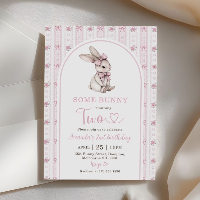 Invitation Pink Bow Bunny Vintage Rabbit 2nd Birthday (Créateur téléchargé)