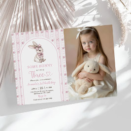 Invitation Pink Bow Bunny Vintage Rabbit 3rd Birthday Photo