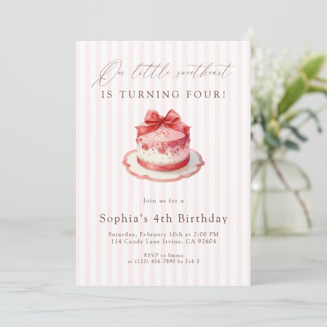 Invitation Pink Bow Cake 4th Birthday (Debout devant)