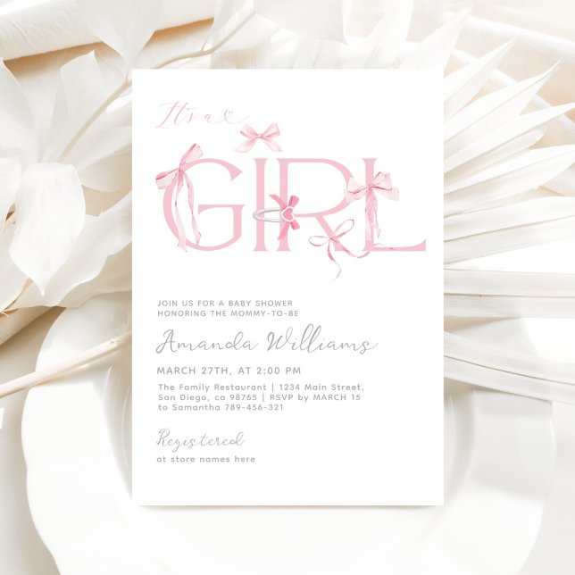 Invitation Pink Bow C'est une fille Baby shower moderne (Créateur téléchargé)