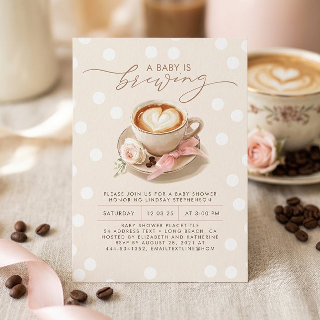 Invitation Pink Bow Coffee Baby Is Brewing Girl Baby Shower (Latte Heart Coffee Themed Baby Shower Invitation)