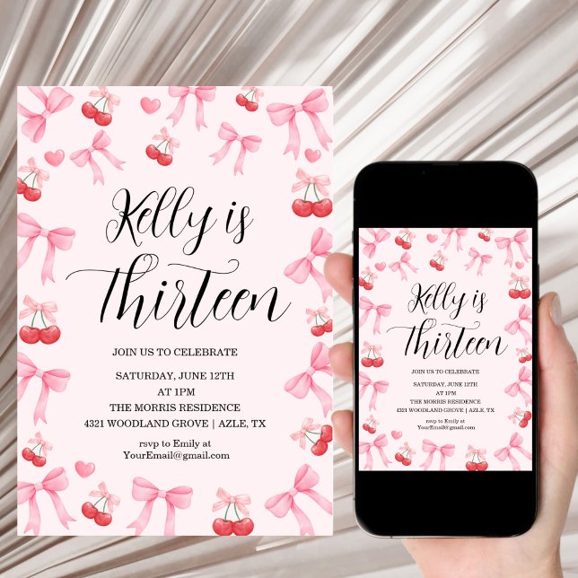 Invitation Pink Bow Coquette Bow Cherry Birthday, 13th (Créateur téléchargé)