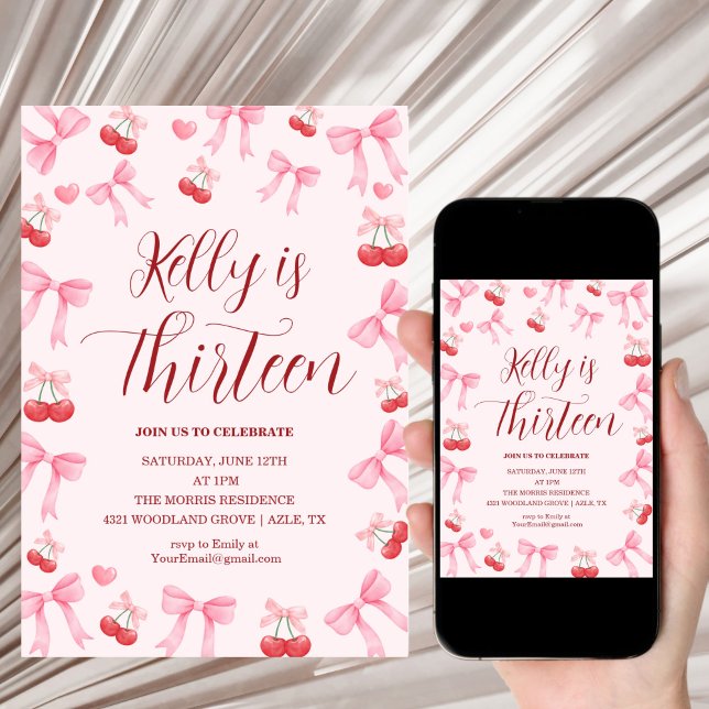 Invitation Pink Bow Coquette Bow Cherry Birthday, 13th (Créateur téléchargé)