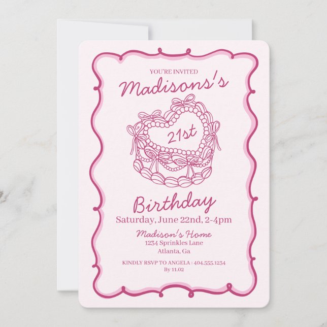 Invitation Pink Bow Coquette Coeur rétro Gâteau 21e anniversa (Devant)