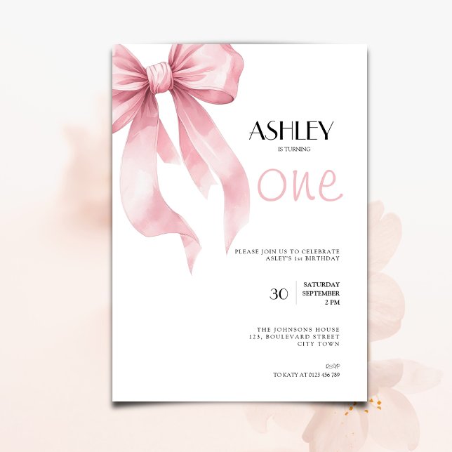 Invitation Pink Bow Coquette for Girls 1st Birthday (First birthday invitation with pink bow coquette ribbon for girls.)