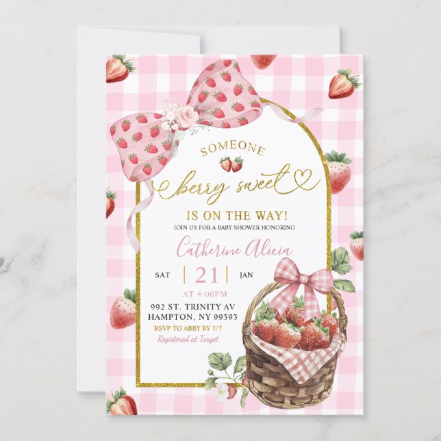 Invitation Pink Bow Coquette Gingham Berry Sweet Baby Shower (Devant)