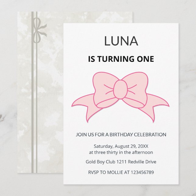 Invitation Pink Bow Coquette Girl Kids 1st Birthday  (Devant / Derrière)
