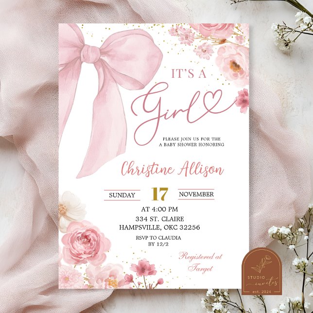 Invitation Pink Bow coquette It's a girl baby shower  (Créateur téléchargé)