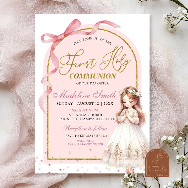 Invitation Pink Bow Coquette Pearl Première sainte communion (Créateur téléchargé)