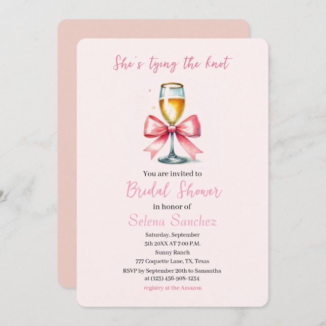 Invitation Pink Bow Coquette Prosecco Douche nuptiale (Devant / Derrière)