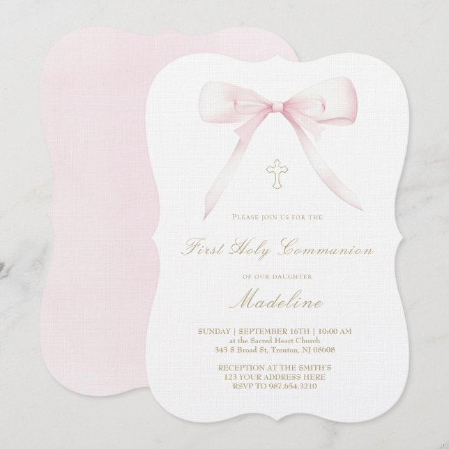 Invitation  pink bow design First Holy Communion girl (Devant / Derrière)