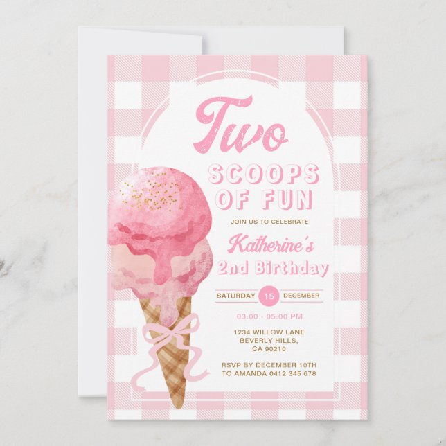 Invitation Pink Bow Deux Scoops De Fun 2e Anniversaire En vic (Devant)