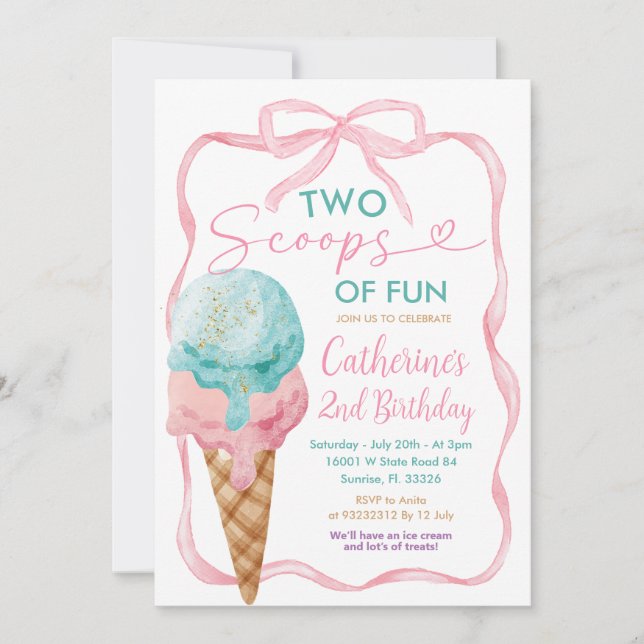 Invitation Pink Bow Deux Scoops De Fun Birthday Girl Glace Cr (Devant)