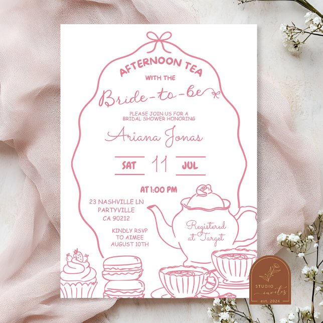 Invitation Pink Bow Doodle Après-midi thé nuptiale douche (Créateur téléchargé)