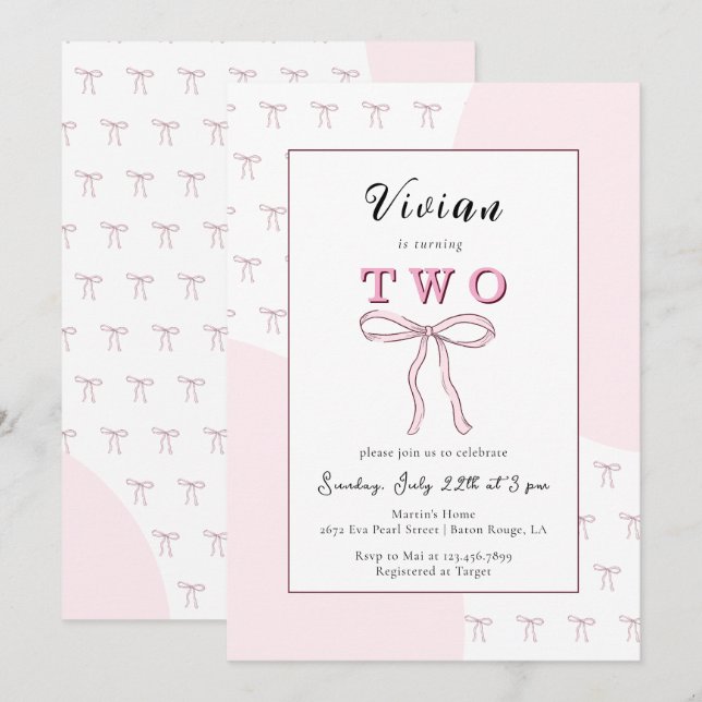 Invitation Pink Bow Doodle Girl 2e anniversaire (Devant / Derrière)