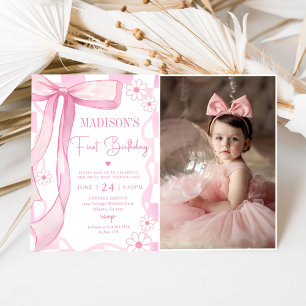Invitation Pink Bow Elegant 1er Anniversaire Photo