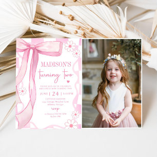 Invitation Pink Bow Elegant 2e photo d'anniversaire