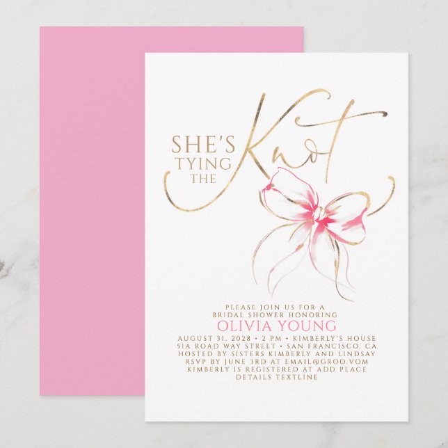 Invitation Pink Bow Elegant Modern Minimalist Bridal Shower (Devant / Derrière)
