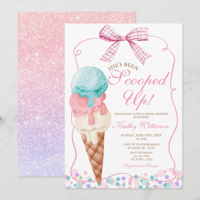 Invitation Pink Bow Elle a été Fête des mariées de crème glac (Devant / Derrière)