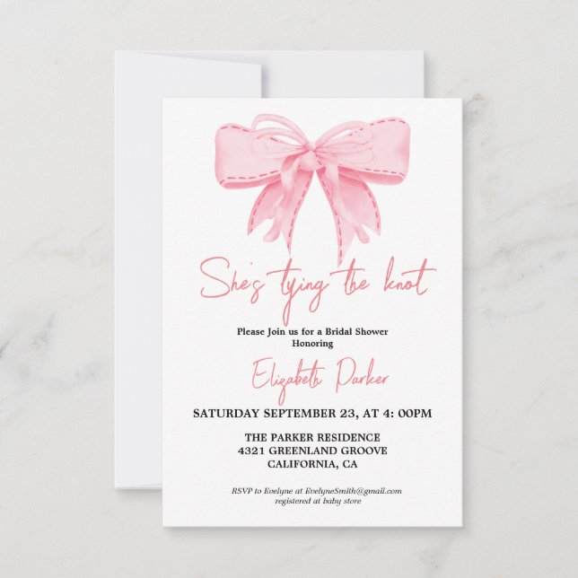 Invitation Pink Bow, elle attache la Fête des mariées de noeu (Devant)