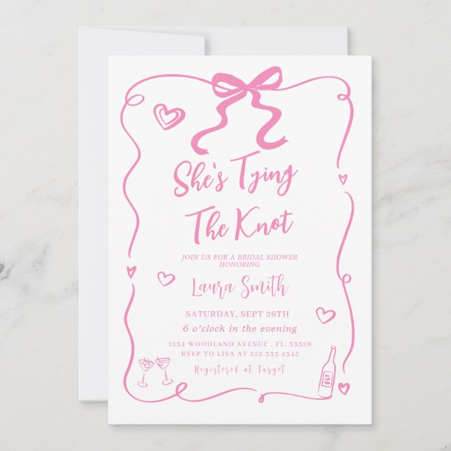 Invitation Pink Bow Elle Tying The Knot Fête des mariées (Devant)