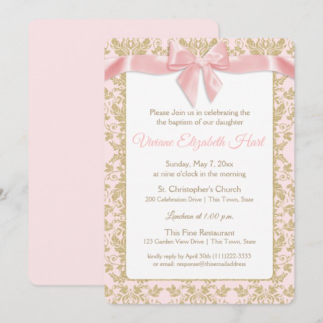 Invitation Pink Bow et Gold Damask Baptême (Devant / Derrière)