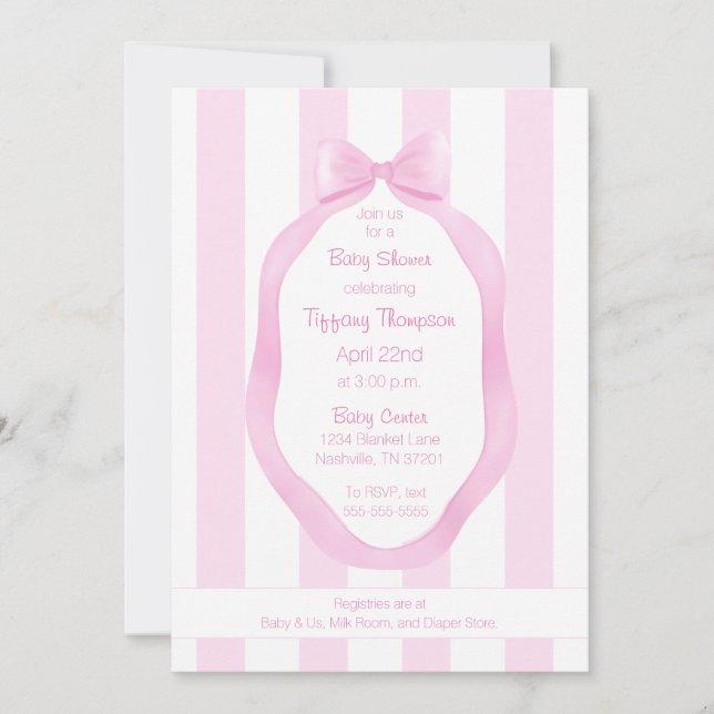 Invitation Pink Bow et papier peint rayures Baby shower fille (Devant)