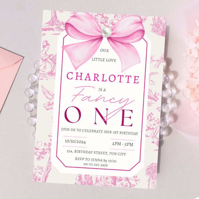 Invitation Pink Bow Fancy One Girl Chic Coquette 1er annivers (Pink Bow Fancy One Chic Coquette Girl 1st Birthday Invitation)