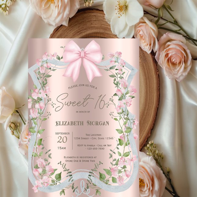 Invitation Pink Bow Floral Frame Rose Gold Sweet 16  (Créateur téléchargé)