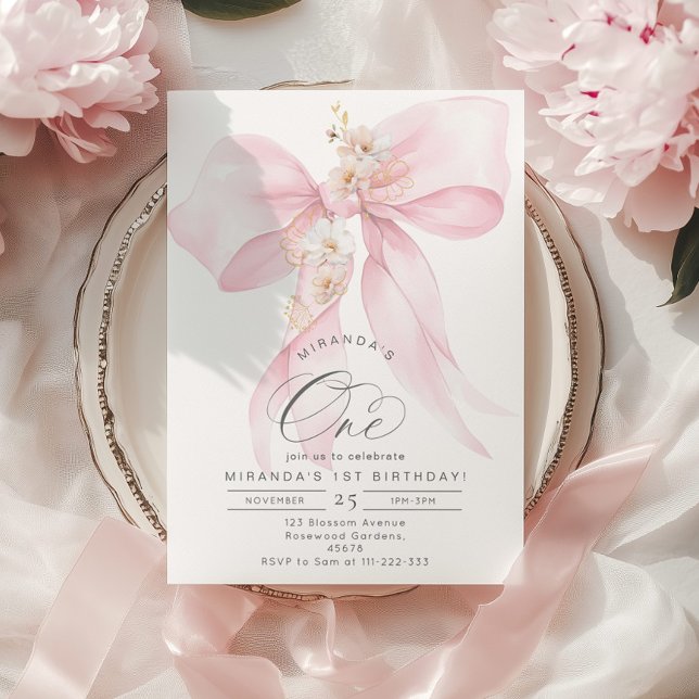 Invitation Pink Bow Floral Girl 1er BIrthday party (Créateur téléchargé)