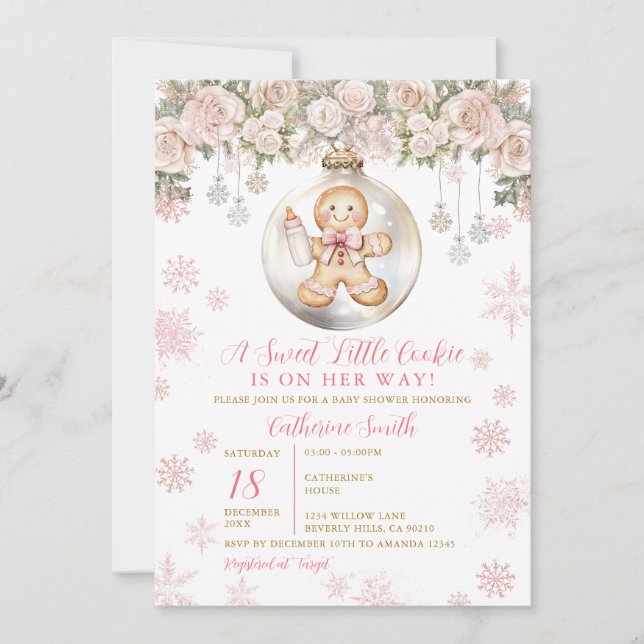 Invitation Pink Bow Gingerbread Christmas Cookies Baby Shower (Devant)