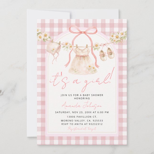 Invitation Pink Bow Gingham Daisy Clothesline I (Devant)