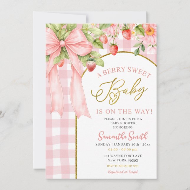 Invitation Pink Bow Gingham Strawberry Baby Shower (Devant)